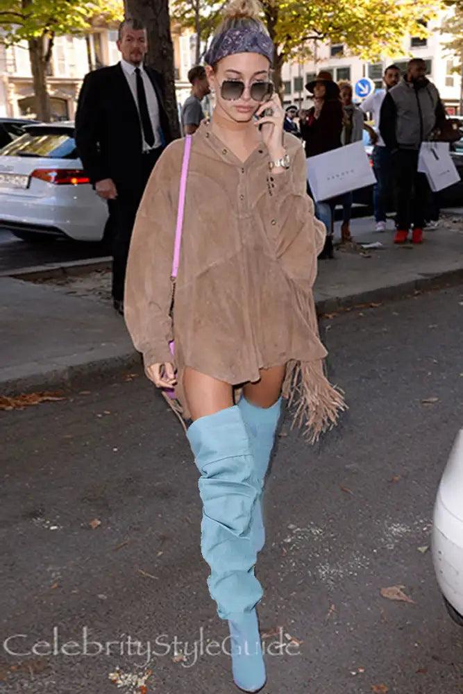 Denim Ruched Pointy Toe Thigh High Boots