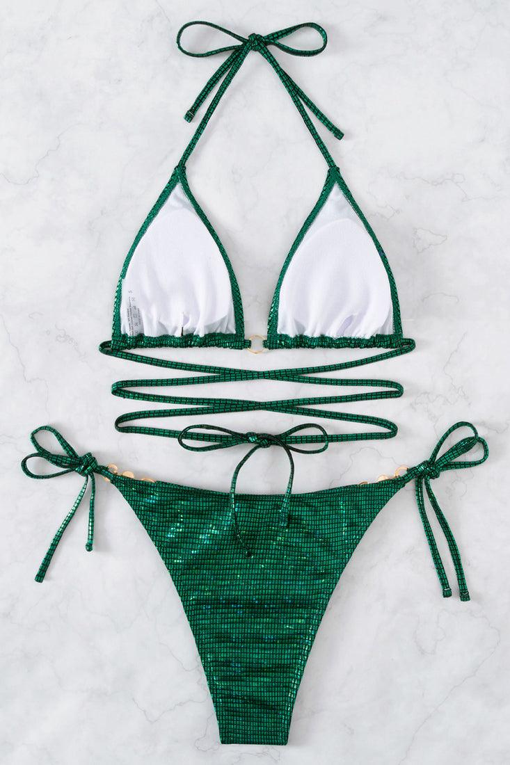Green Faux Pearl Decor Tie Back 2 Pc Swimsuit
