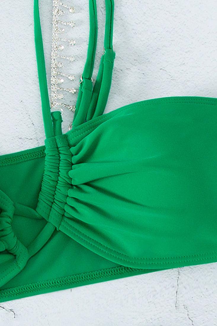 Green Rhinestone One Shoulder Cheeky Two Piece Swimsuit Bikini