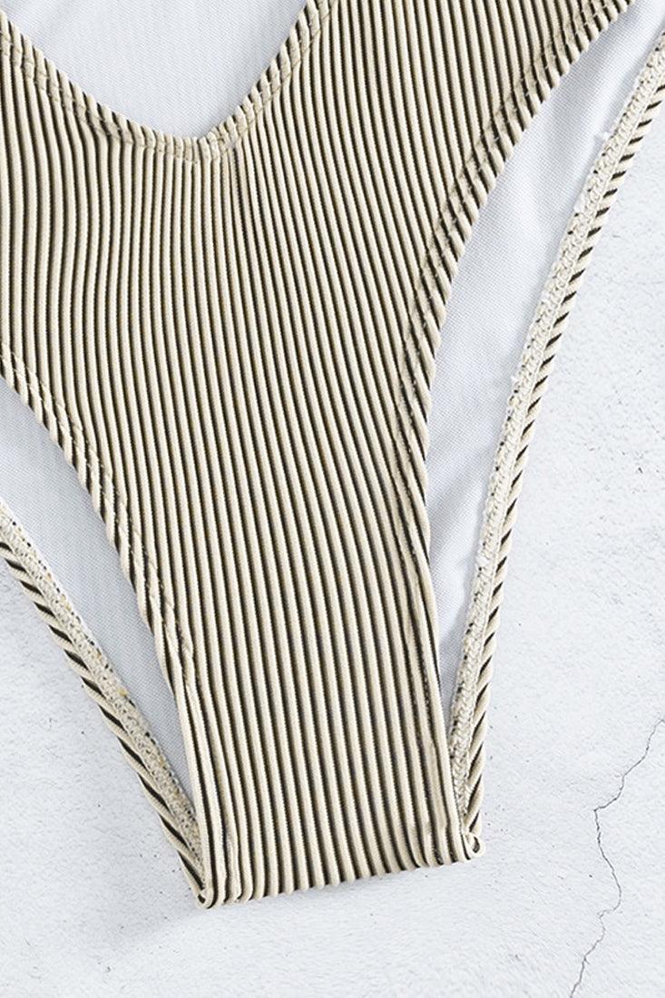 Khaki O-Ring Chain Linked Hollow Out Ribbed Monokini