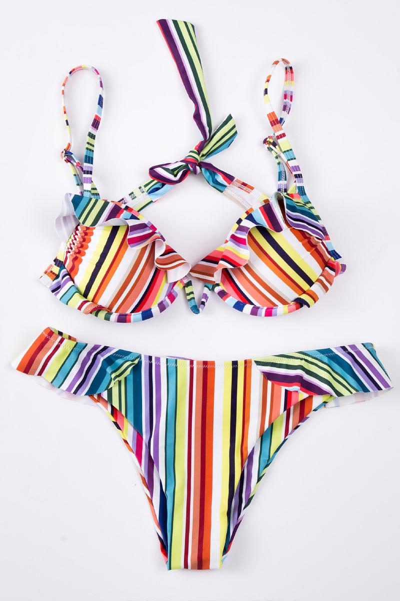 Multi Striped V Underwire Ruffled Two Piece Swimsuit