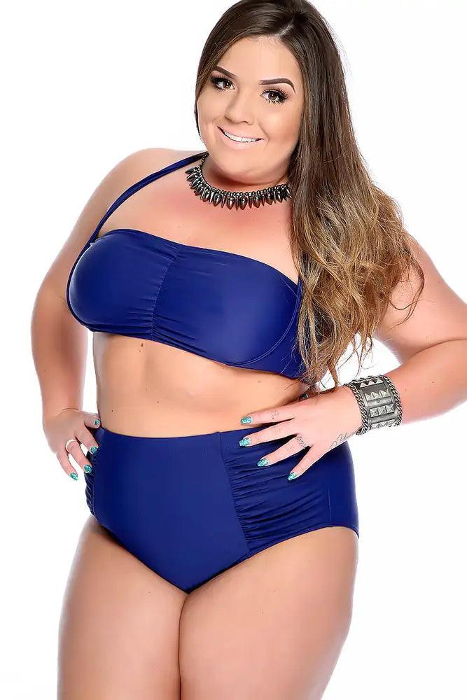 Navy Bold Halter Top Ruched High Waist Two Piece Swimsuit Plus