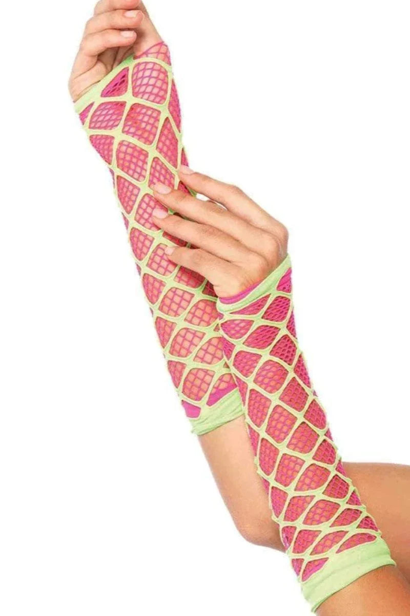 Neon Pink Lime Netted Arm Warmer Gloves
