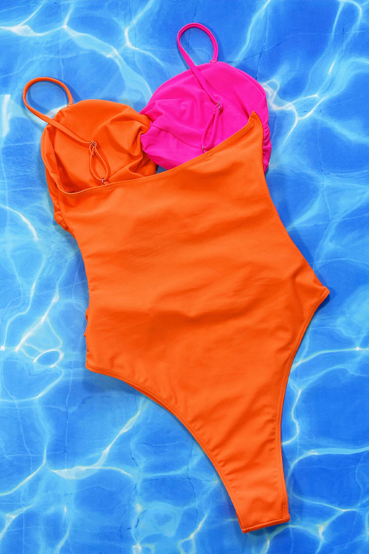 Neon Pink Orange Cut-out Twisted Cheeky 1pc Swimsuit Monokini
