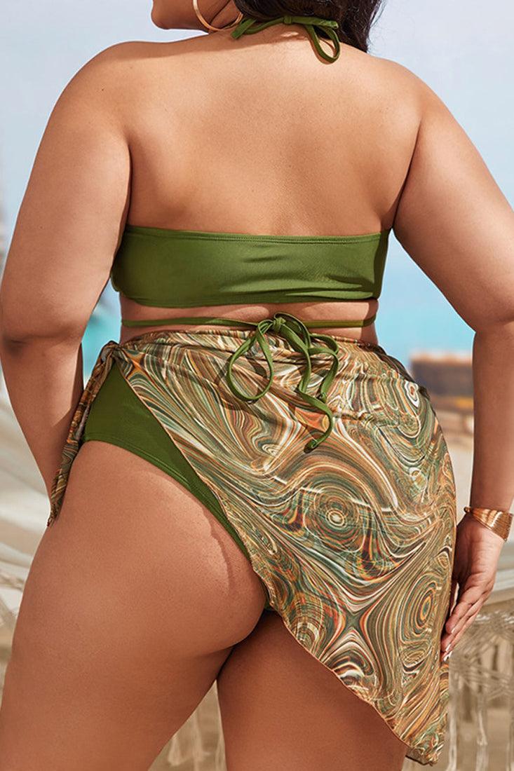 Olive Multi Printed Halter Three Piece Plus Size Swimsuit