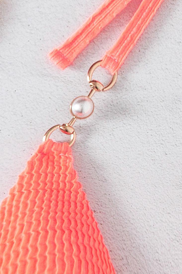 Orange Faux Pearl Accent Ribbed Halter 2 Pc Bikini Set