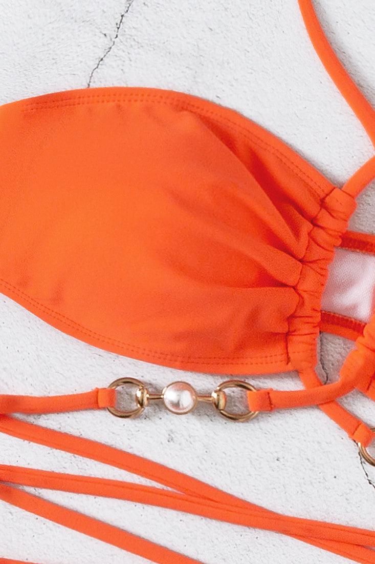 Orange Faux Pearl Strappy Criss-Cross 2 Pc Bikini Set