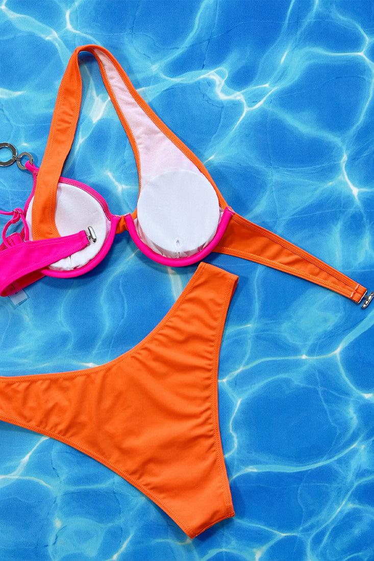 Orange Pink One Shoulder Rhinestone Ring 2 Pc Swimsuit
