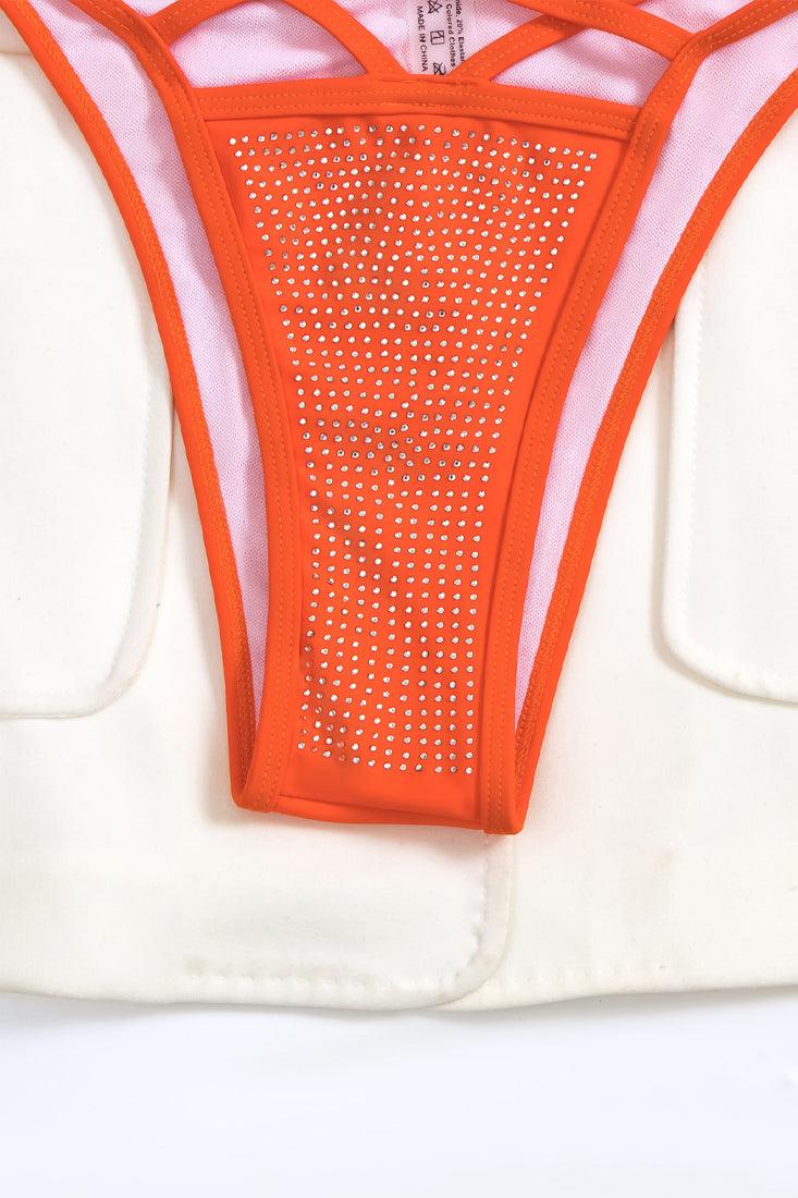 Orange Rhinestone Covered Strappy Cut Out 2 Pc Sexy Swimsuit Set Bikini