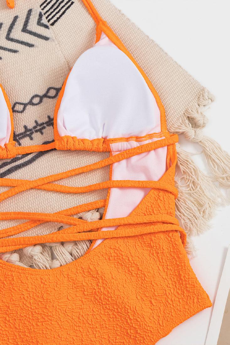 Orange Strappy Cut Out 1 Pc Sexy Swimsuit Monokini