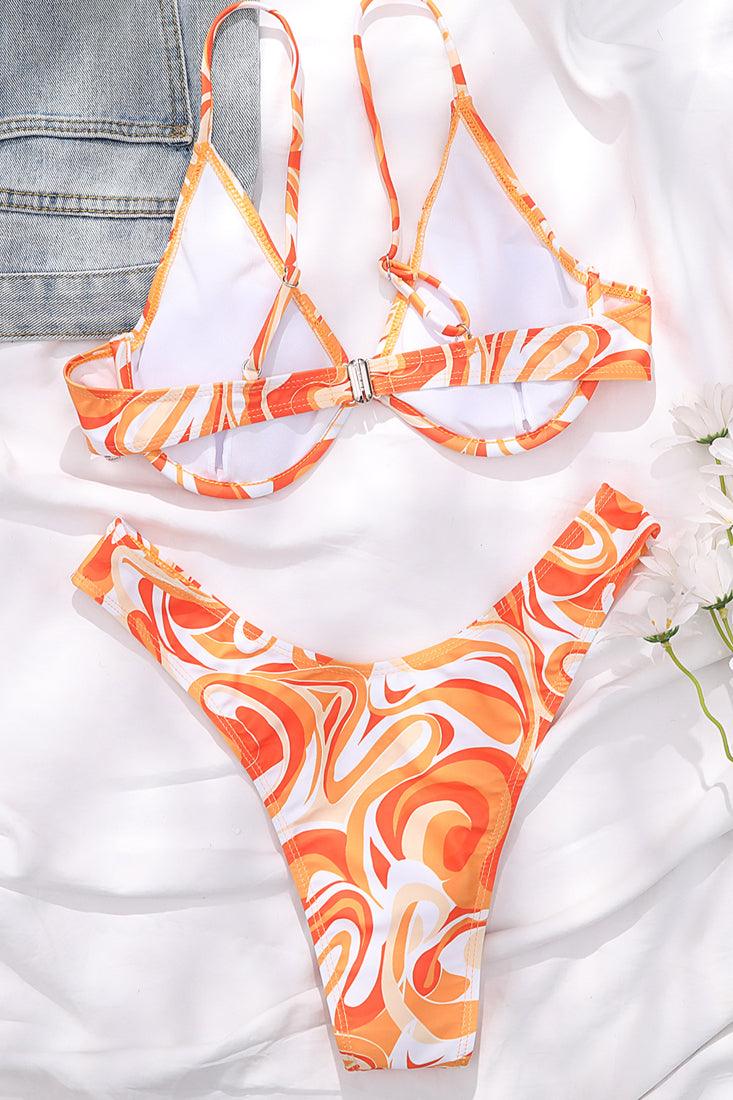 Orange White U Underwire Printed Sexy Two Piece Swimsuit