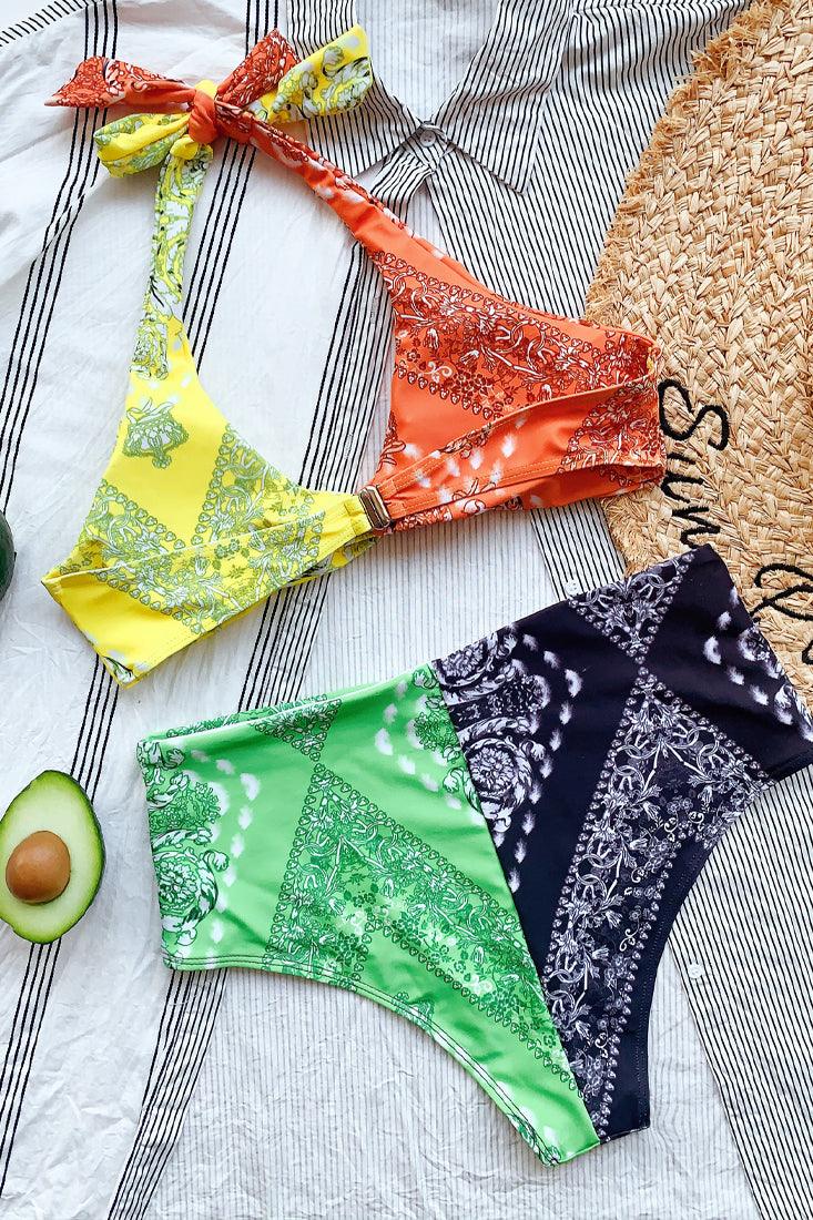 Orange Yellow Bandana Print Halter High Waist 2 Pc Swimsuit