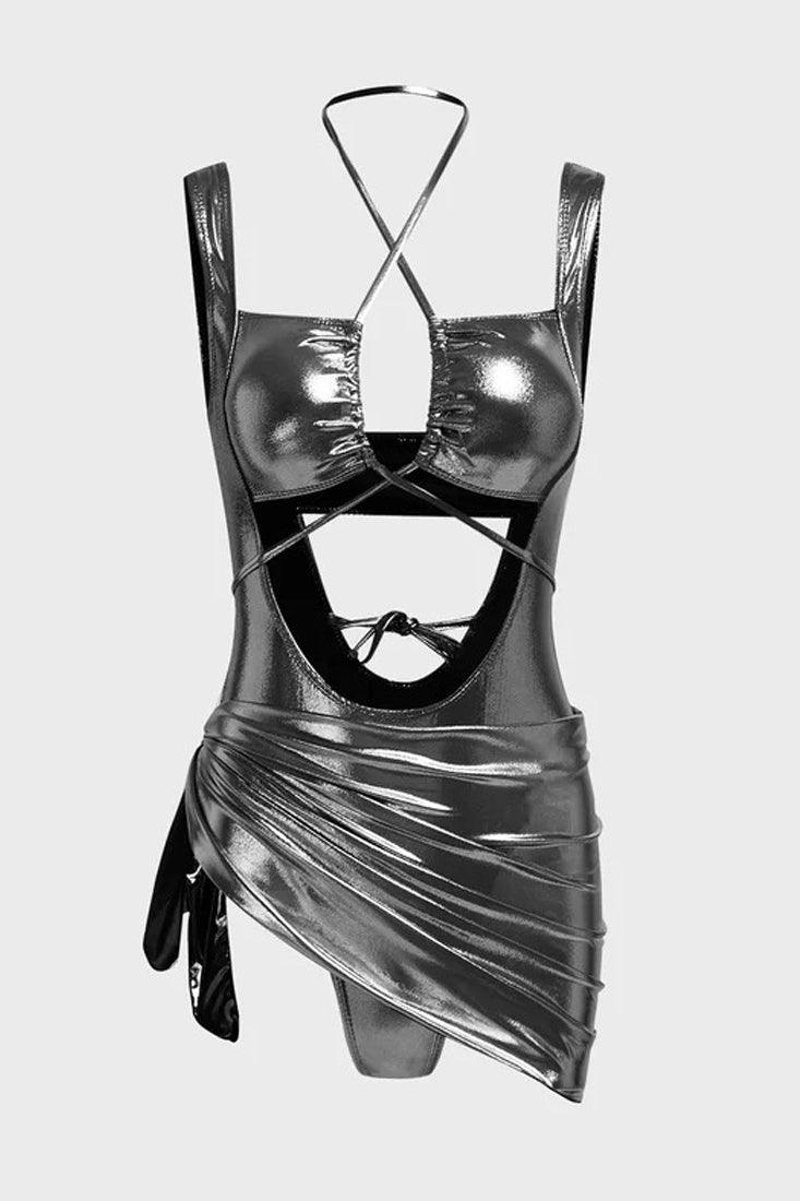 Pewter Metallic Strappy Monokini Cover-Up 2Pc Sexy Swimsuit Set