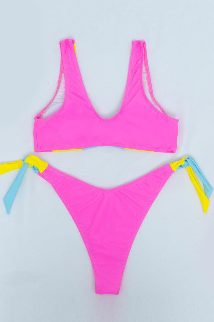 Pink Color Block Scooped Thick Straps 2 Pc Bikini Set