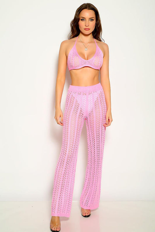 Pink Crochet Sleeveless Halter Two Piece Outfit