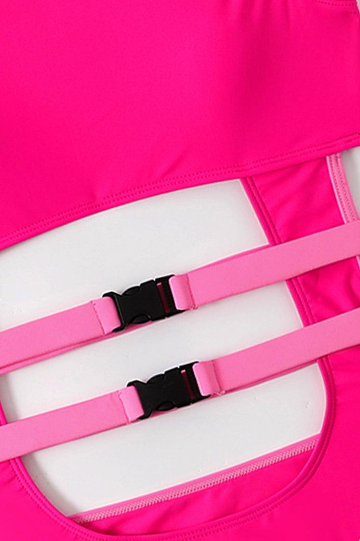 Pink Double Buckle Hollow Out Sleeveless Monokini