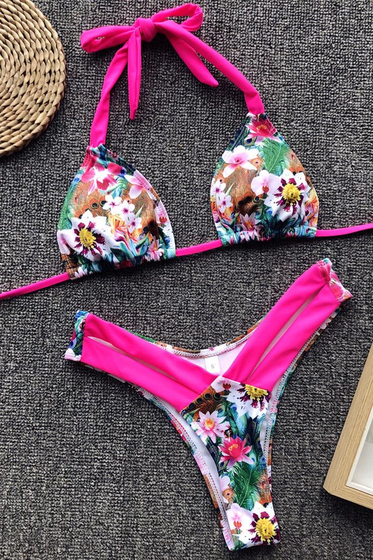 Pink Floral Print Cheeky Halter 2 Pc Swimsuit