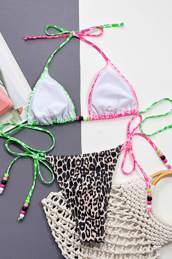 Pink Green Beige Leopard Print Beads Cheeky 2pc Swimsuit Bikini