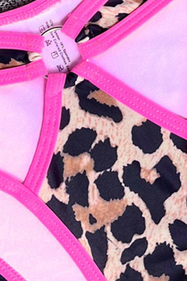 Pink Leopard Cut Out Strappy 2 Pc Bikini Set