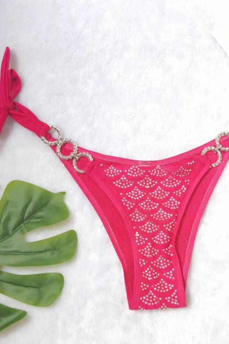 Pink Rhinestone Covered O-Ring Cheeky 2Pc Sexy Swimsuit Bikini