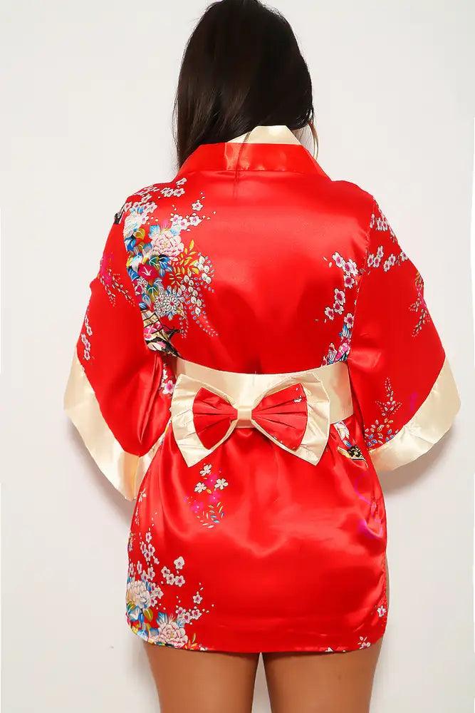 Red Floral Print 3 Piece Geisha Kimono Costume