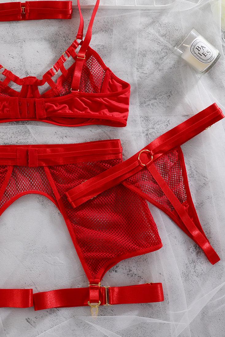 Sexy 3pcs Red Mesh Netted Lingerie Set