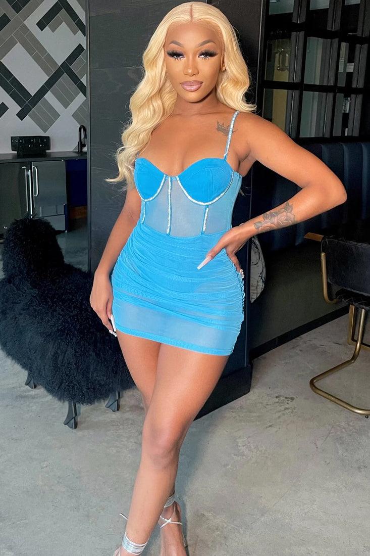 Sexy Baby Blue Rhinestone Trimmed Party Dress