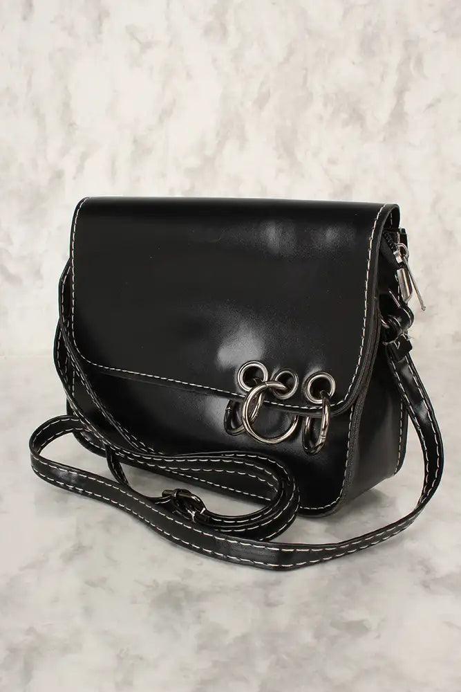 Sexy Black Faux Leather O-Ring Accent Small Shoulder Handbag