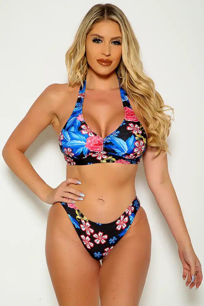 Sexy Blue Black Floral Print Two Piece Swimsuit