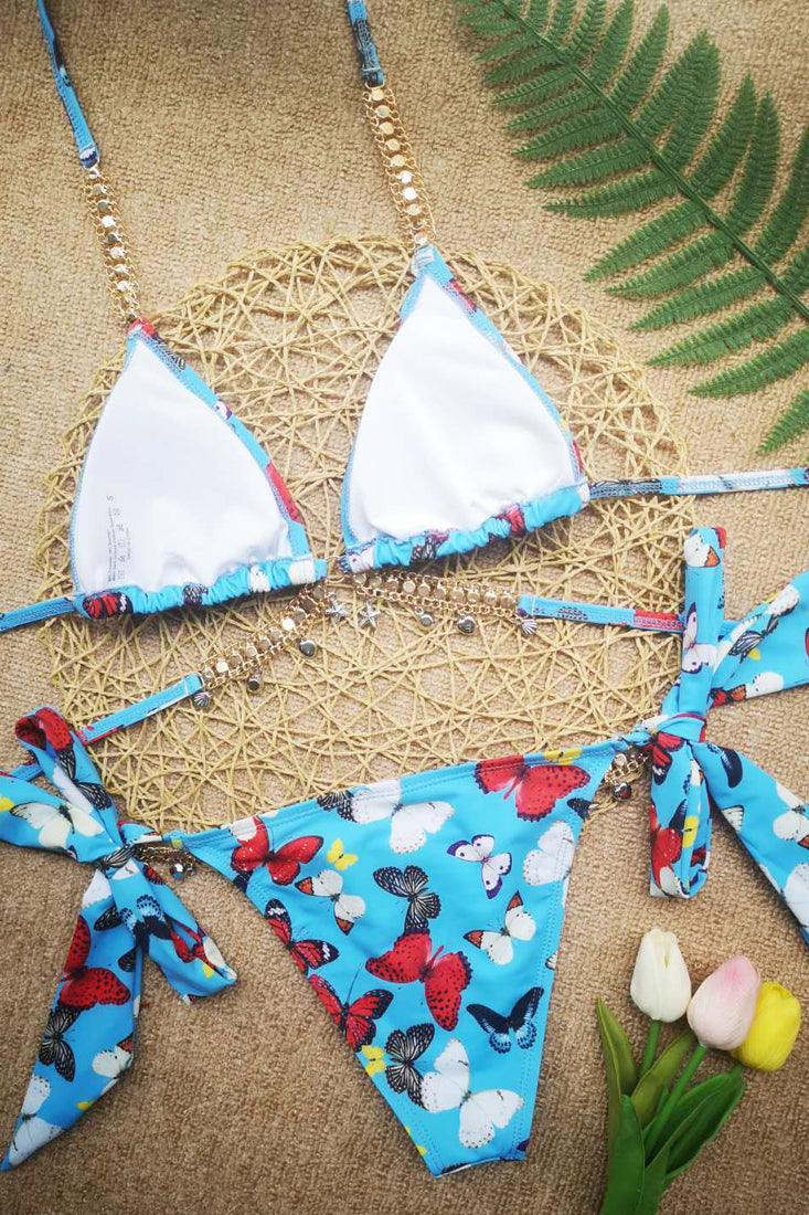 Sexy Blue Butterfly Print Bikini With Gemstone Straps