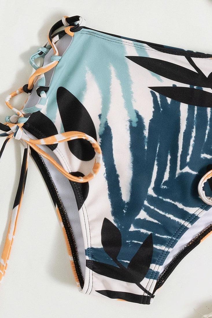 Sexy Blue Orange White Leaf Print 2pc Bikini