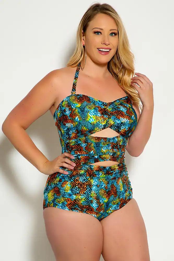 Sexy Blue Snake Cut Out Halter One Piece Swimsuit