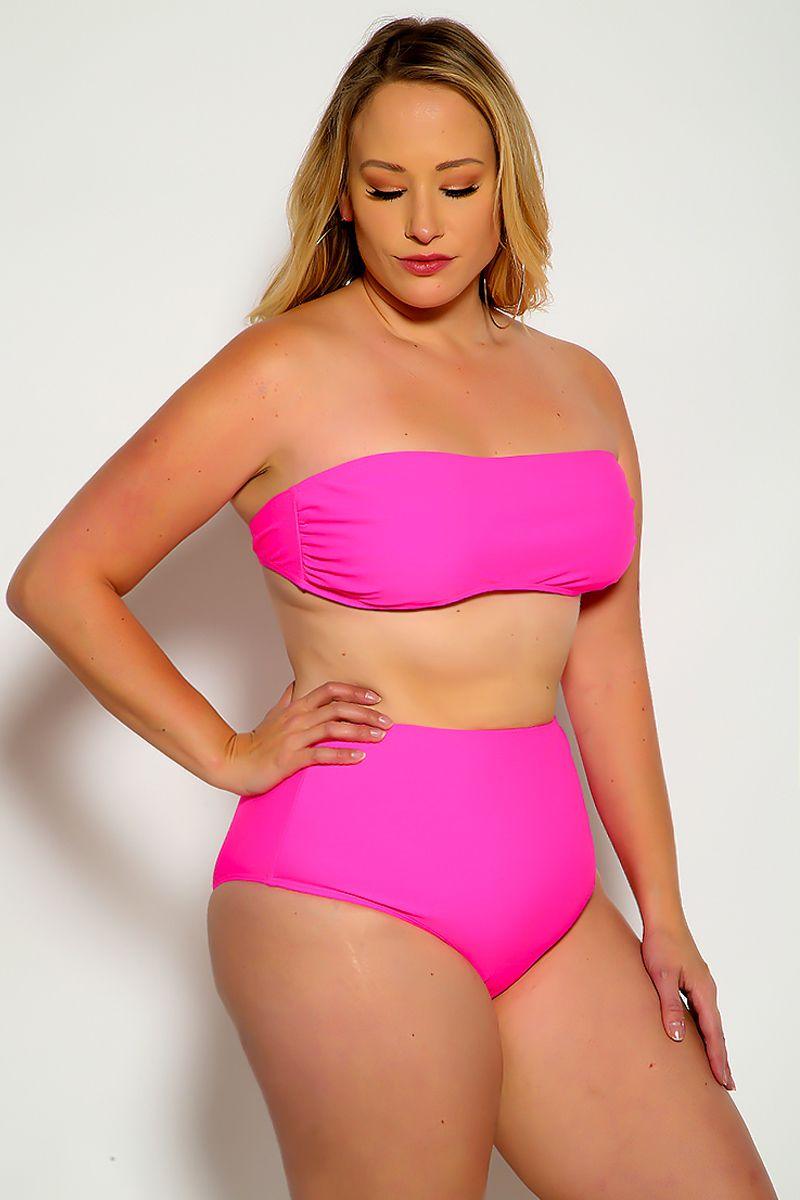 Sexy Fuchsia Bandeau High Waist Plus Size Swimsuit