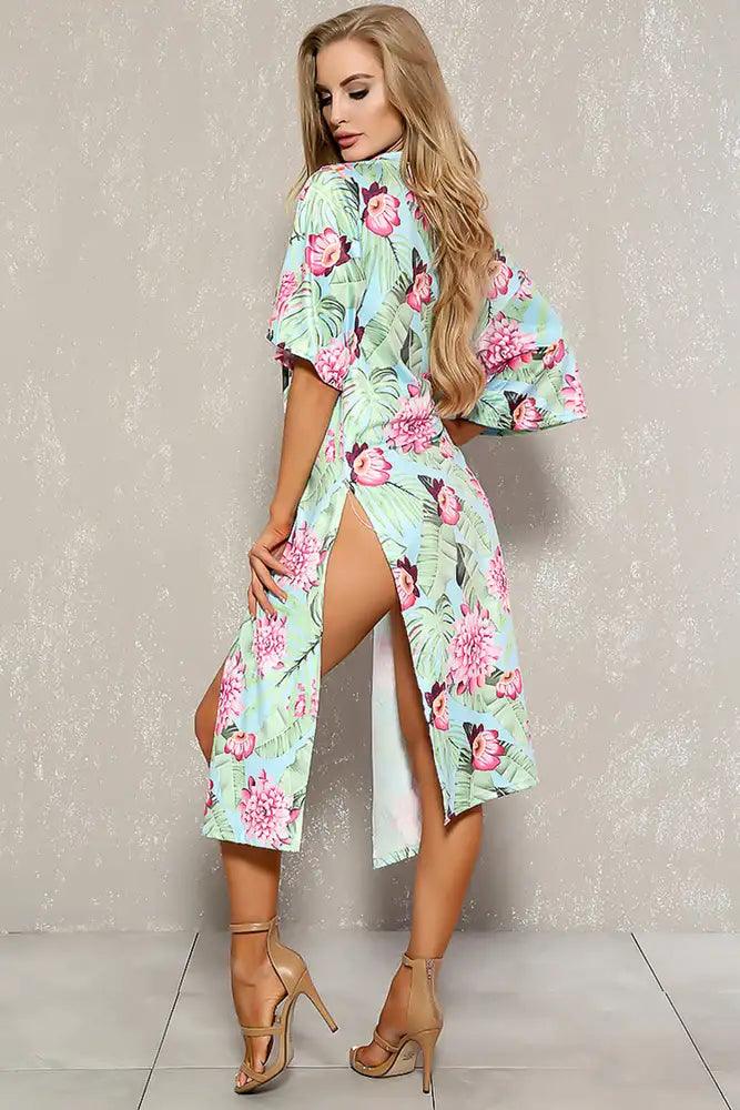 Sexy Light Blue Floral Print Two Piece Swimsuit Set