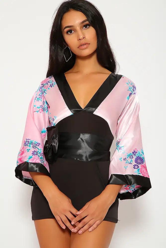 Sexy Pink Black Print Traditional Japanese Kimono 3pc Sexy Costume