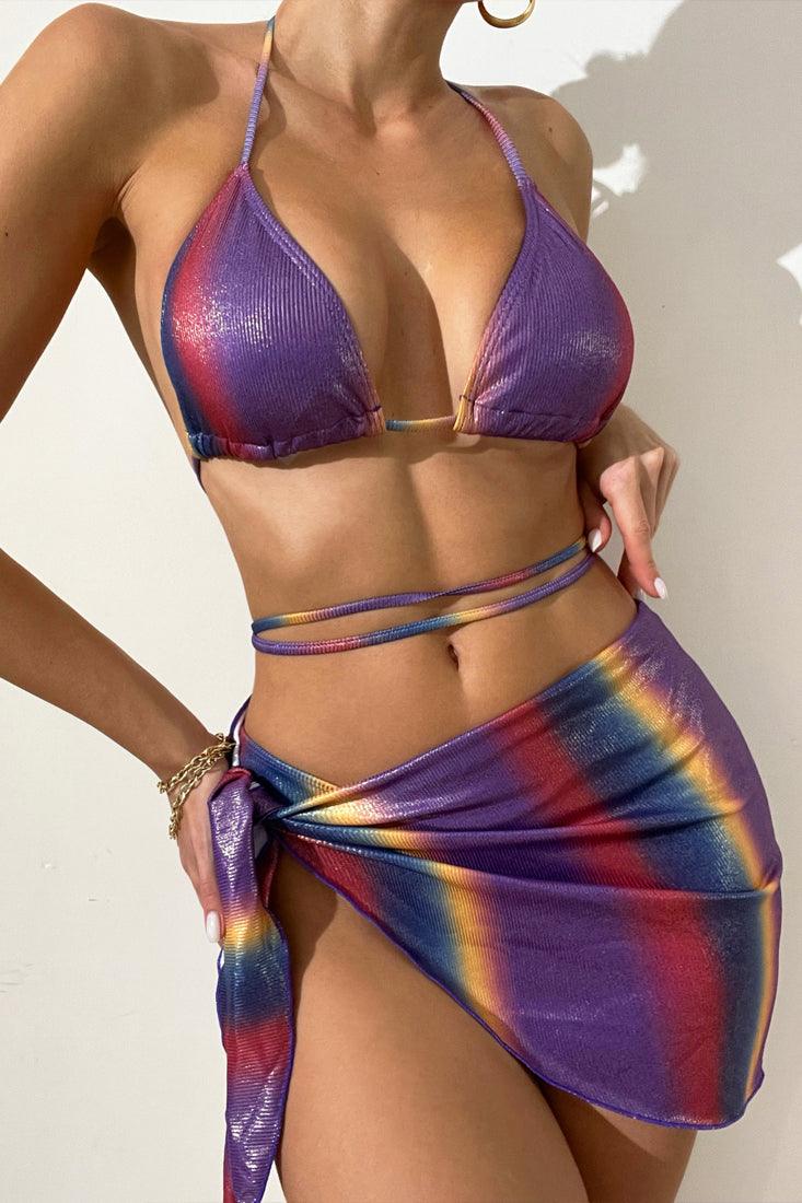 Sexy Purple Rainbow Metallic 3pc Bikini With Skirt