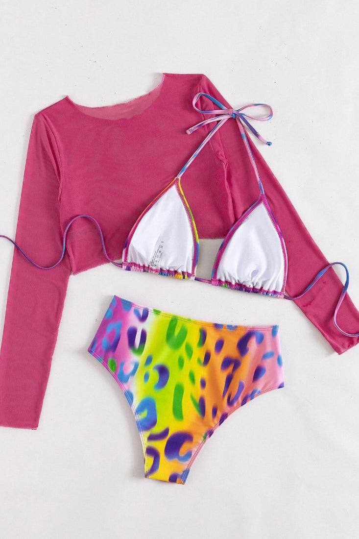 Sexy Rainbow Leopard Bikini With Pink Coverup