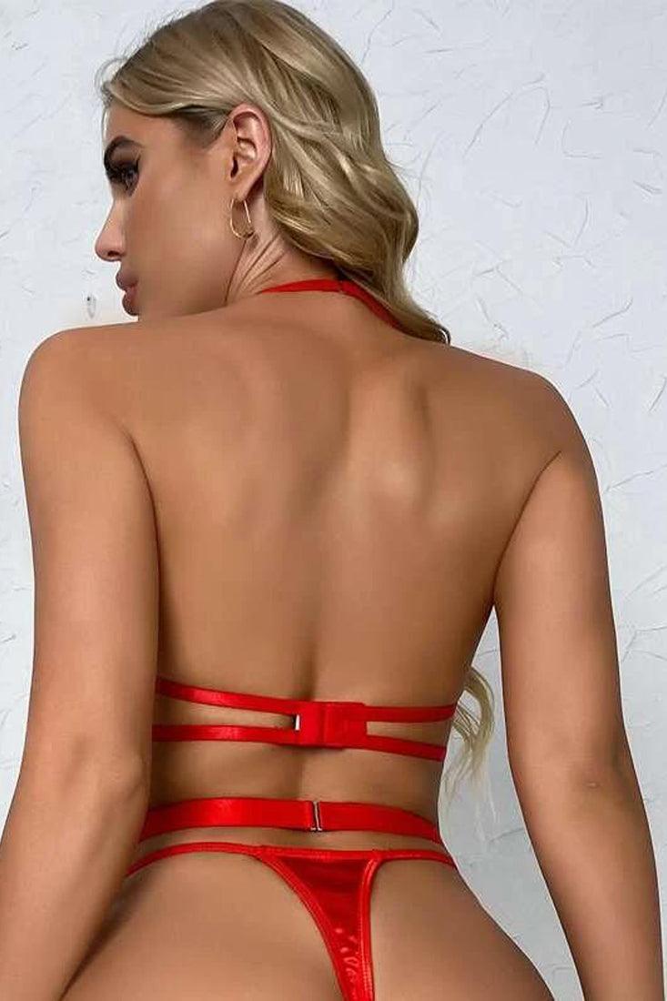 Sexy Red Bow Rhinestone Halter Garter 3 Pc Lingerie Set