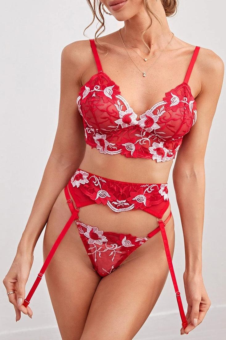 Sexy Red Floral Embroidered Mesh 3 Pc Lingerie Set