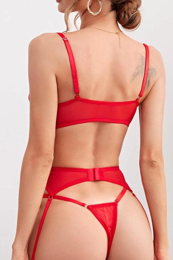Sexy Red Floral Embroidered Mesh 3 Pc Lingerie Set