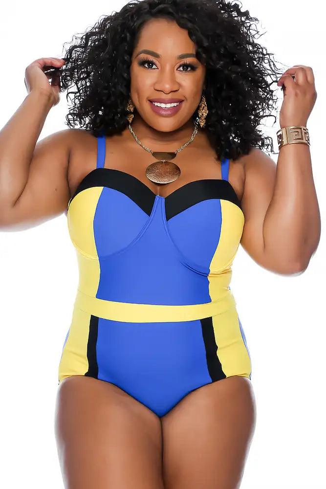 Sexy Royal Blue Color Block Plus Size One Piece Swimsuit - Babewear