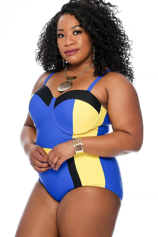 Sexy Royal Blue Color Block Plus Size One Piece Swimsuit