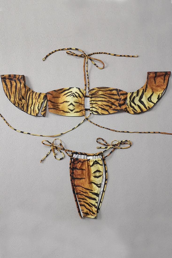 Sexy Tiger Strappy Short Sleeve Ring Linked Cheeky 2 Pc Swimsuit