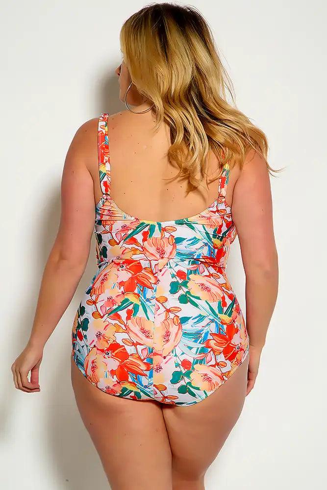 Sexy White Orange Floral Leaf Print Padded One Piece Swimsuit
