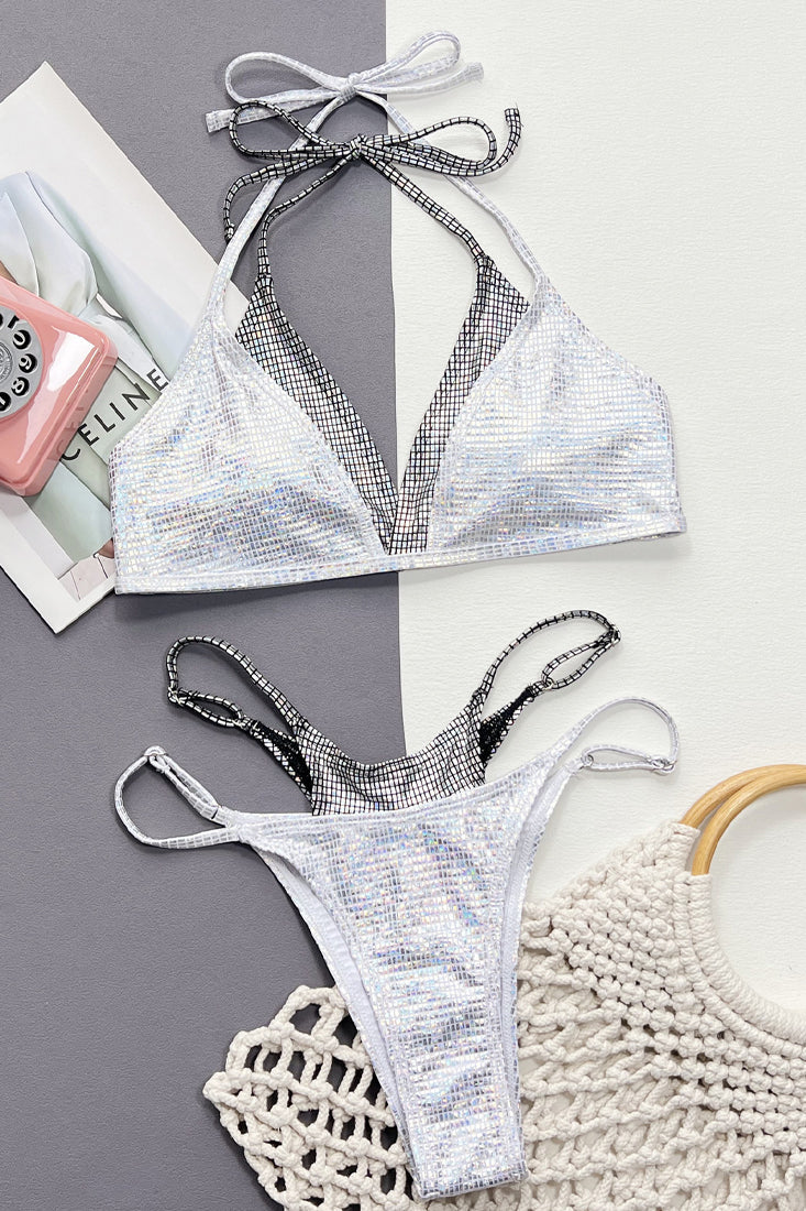 Silver Black Metallic Double Strap Cheeky 2Pc Swimsuit Sexy Bikini A03H