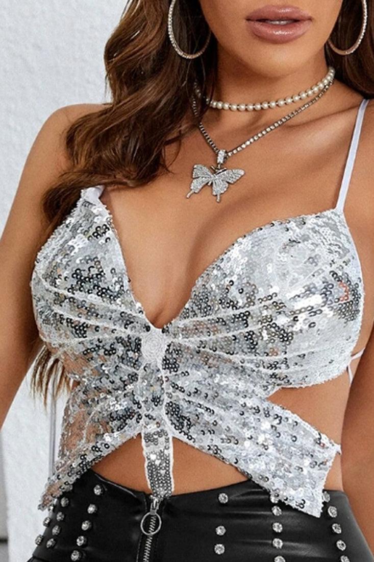 Silver Butterfly Sequin Sexy Backless Crop Top