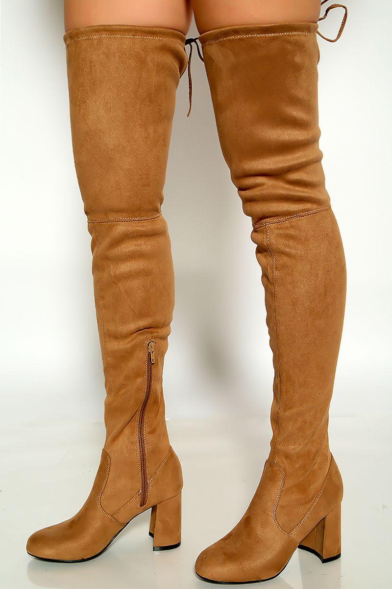 Taupe Round Toe Faux Suede Chunky High Heel Thigh High Boots
