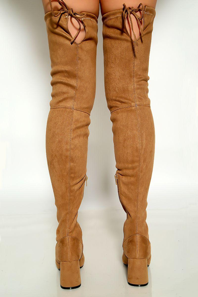 Taupe Round Toe Faux Suede Chunky High Heel Thigh High Boots