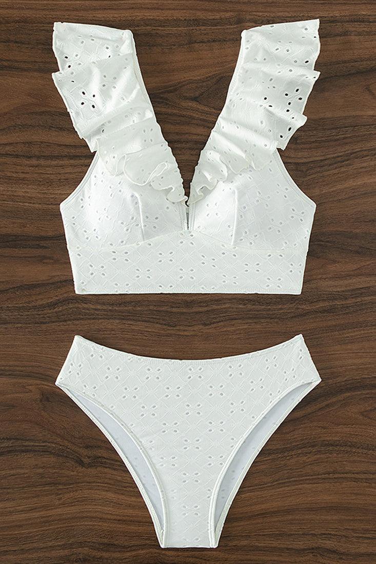 White Eyelet Ruffle Deep-V Bustier High Waist 2Pc Swimsuit Set