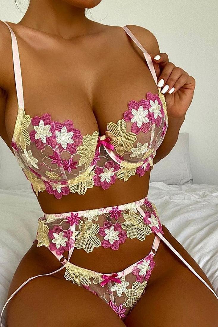 White Floral Embroidered Garter Sexy Lingerie 3 Pc Set